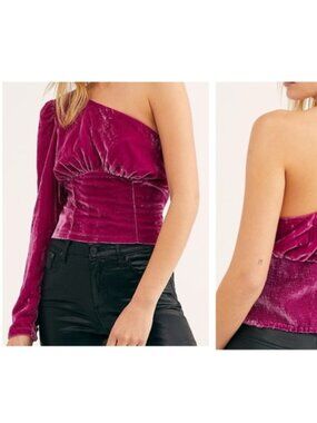 Free People Fuchsia Pink Velvet One Sleeve Shirt Top Small